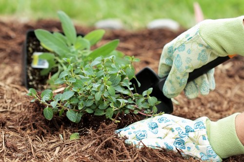 Operator using protective equipment while handling garden machinery