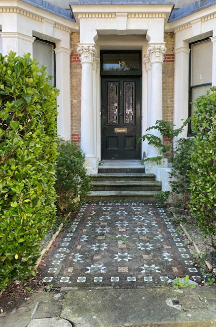 In the garden scene, a neatly maintained front yard features a lush, green lawn with freshly mowed grass bordered by well-trimmed hedges and flower beds. The flower beds contain a mix of perennial pla